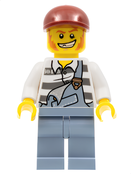 Минифигурка Lego Police - Jail Prisoner Torn Overalls over Prison Stripes, Sand Blue Legs, Dark Red Short Bill Cap cty0265